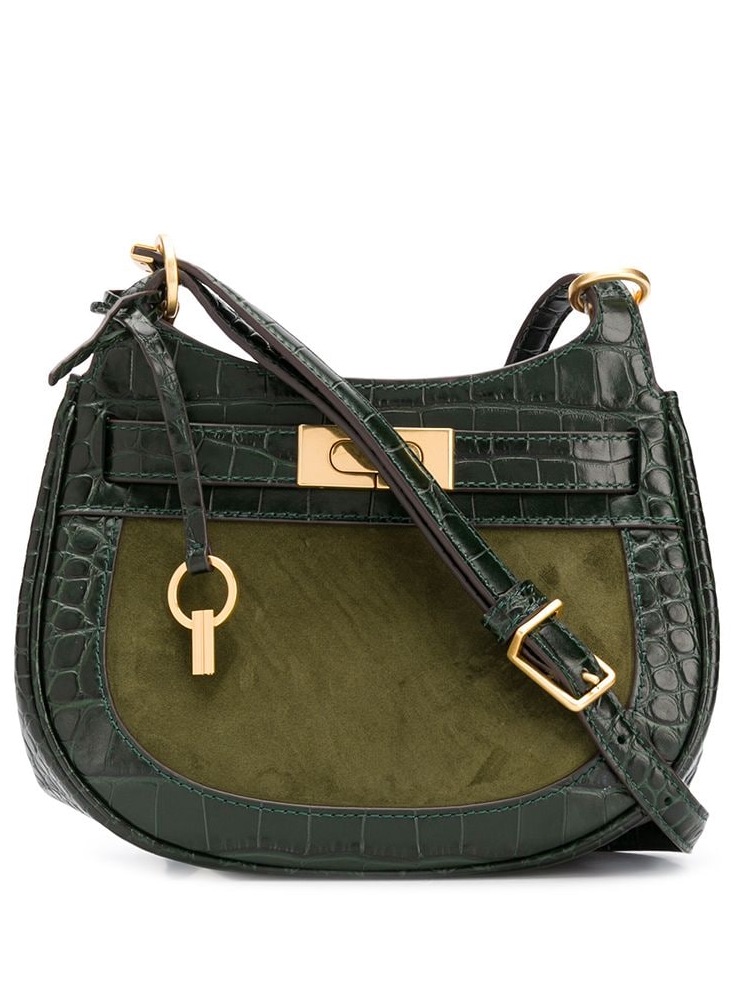 Tory Burch Lee Radziwill Small Saddle Bag In Deep Kelp Croc-Embossed Leather